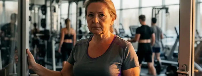 Vrouw van middelbare leeftijd aarzelt bij de ingang van een grote sportschool, omringd door complexe machines en jongere sporters.