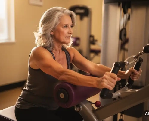 Vrouw van middelbare leeftijd met zilvergrijs haar traint rustig op hydraulisch fitnessmachine in Curves-studio met warm ochtendlicht.