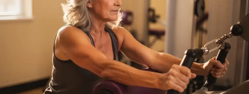 Vrouw van middelbare leeftijd met zilvergrijs haar traint rustig op hydraulisch fitnessmachine in Curves-studio met warm ochtendlicht.