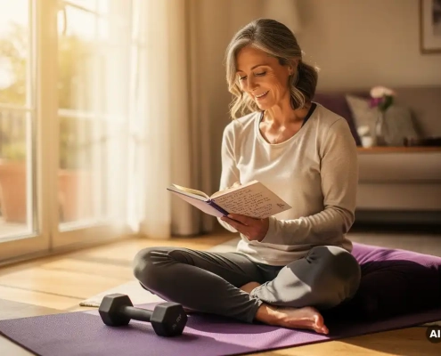 Vrouw van middelbare leeftijd met grijs haar schrijft in wellness-dagboek op yogamat bij zonnig raam, kleine halter naast haar.