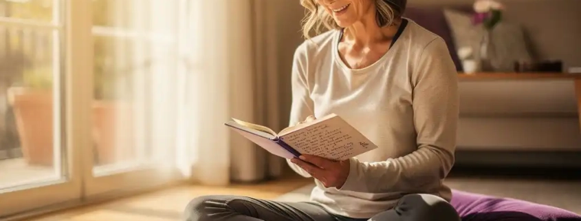Vrouw van middelbare leeftijd met grijs haar schrijft in wellness-dagboek op yogamat bij zonnig raam, kleine halter naast haar.